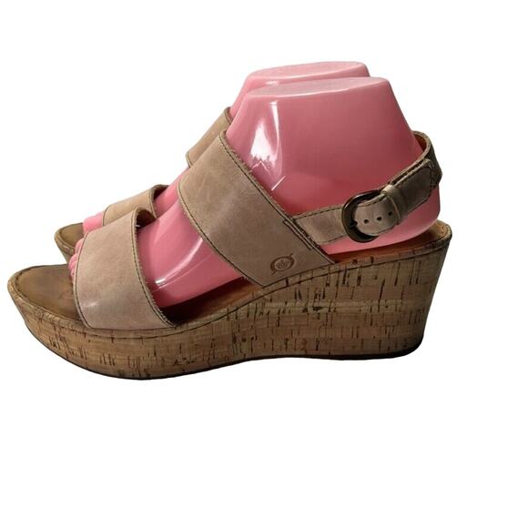 Born Sandals Women 9M Tan Leather Wedge With Ankle Strap Cushioned Comfort Lined - Picture 3 of 12